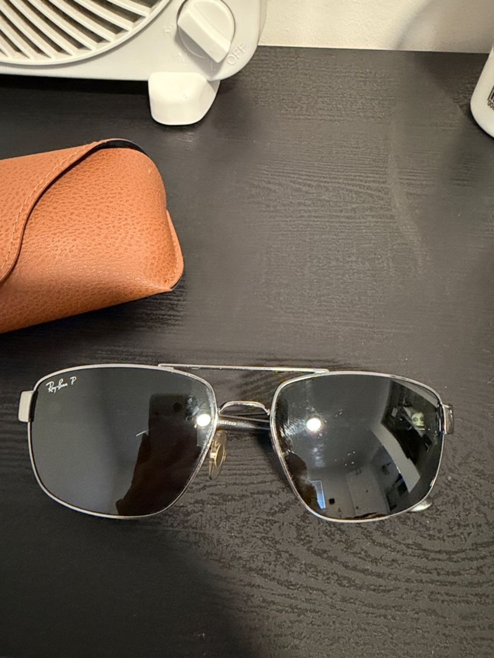 Ray-Ban Silver Frame Sunglasses with Black Lenses and Tan Case - Picture 2 of 6